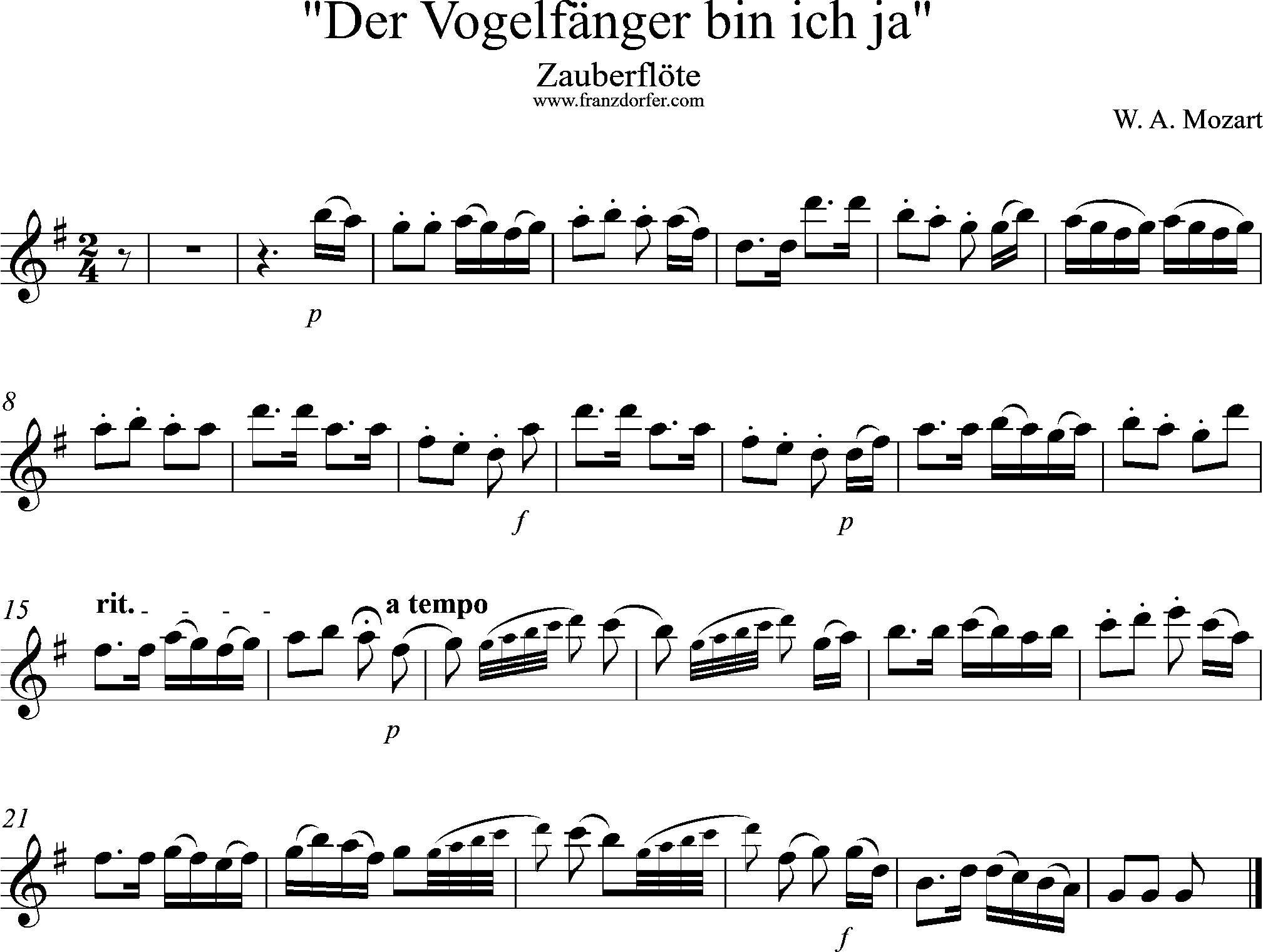 Noten für Querflöte , Vogelfängerlied, G-Dur